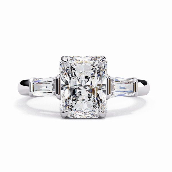 3.25 Carat Radiant and Baguette Timeless Solitaire Ring in Three Stone Setting