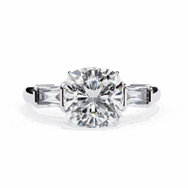 3.75 Carat Cushion and Baguette Effortless Solitaire Ring in Three Stone Setting