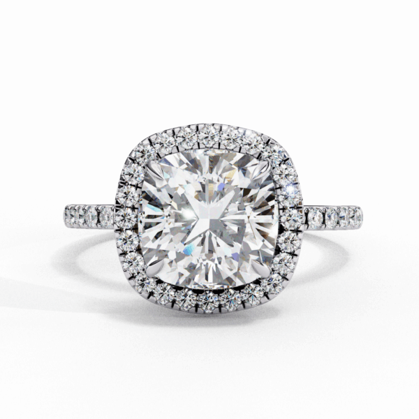 2 Carat Cushion Timeless Solitaire Ring in Halo Setting